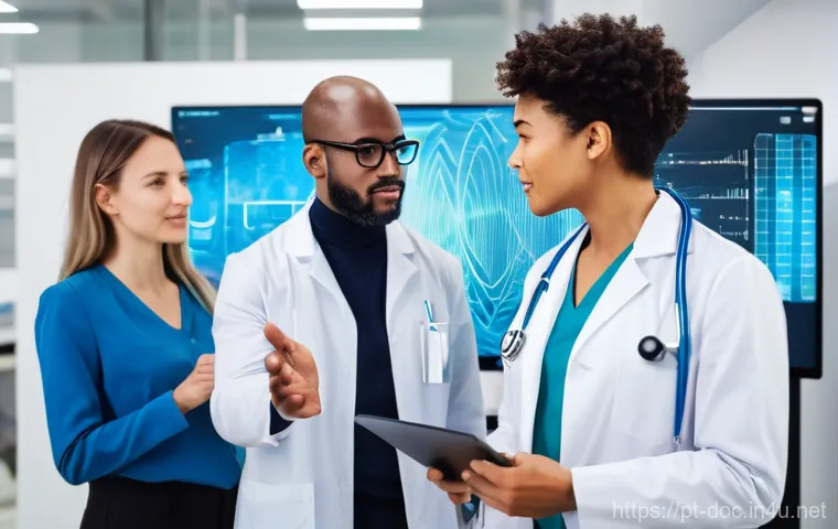 의사 경력 전환 성공담 - **Prompt:** A dynamic, wide-angle shot of a diverse group of medical professionals (men and women of...