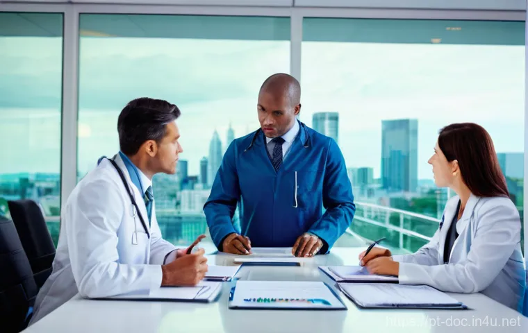 의사 경력 전환 성공담 - **Prompt:** A dynamic, wide-angle shot of a diverse group of medical professionals (men and women of...