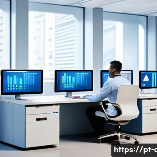 Home 33 의료 현장에서의 업무 개선 아이디어 - A modern hospital administrative office scene showing a diverse team of professionals using advanced...