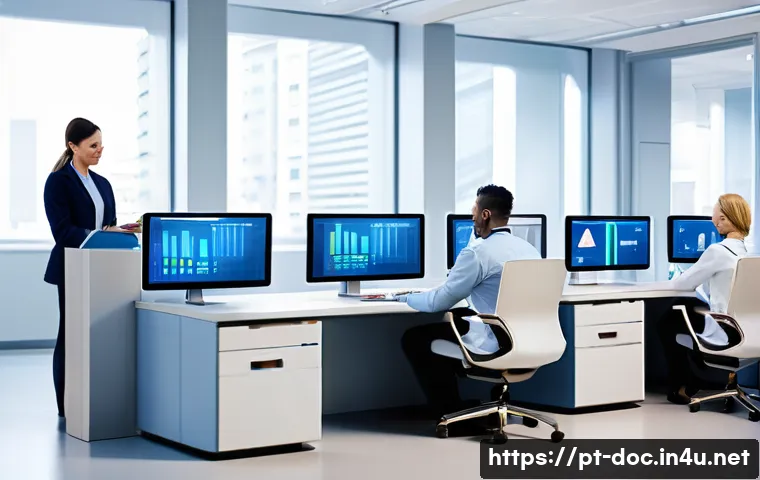 의료 현장에서의 업무 개선 아이디어 - A modern hospital administrative office scene showing a diverse team of professionals using advanced...