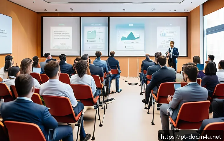 전문의 학회 발표 준비법 - A professional medical conference scene featuring a diverse audience of students and renowned specia...