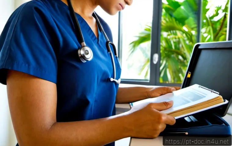 의료직에서의 자기계발 - Photorealistic Brazilian healthcare professional in neat navy scrubs studying advanced clinical skil...