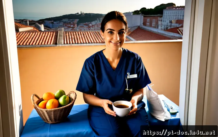의료진 맞춤 워크라이프 밸런스 - Photorealistic Portuguese female physician in navy scrubs relaxing at a sunlit Lisbon apartment brea...
